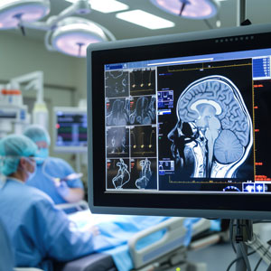 CT scan of brain is conducted on comatose patient in intensive care unit