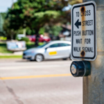 Push button at cross walk busy street intersection in a city