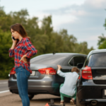 Male and female drivers on road, car accident